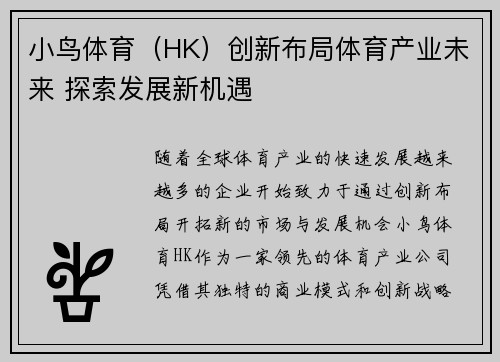 小鸟体育（HK）创新布局体育产业未来 探索发展新机遇